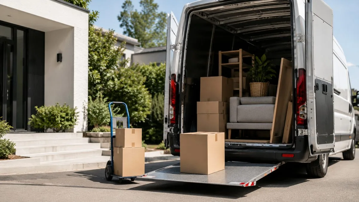 Umzugswagen in sonniger Strasse