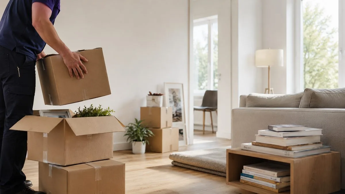 Wohnzimmer mit gepackten Kartons