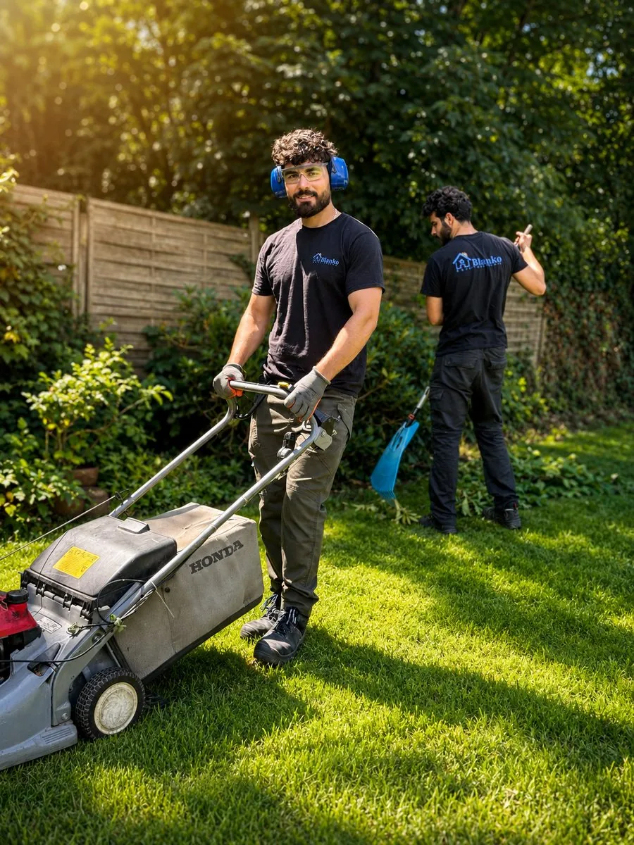 Mitarbeiter von Blanko Service mit Rasenmäher im Garten