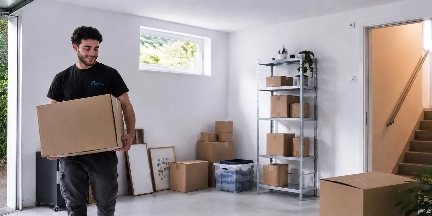Mitarbeiter von Blanko Service trägt einen Karton bei der Entrümpelung