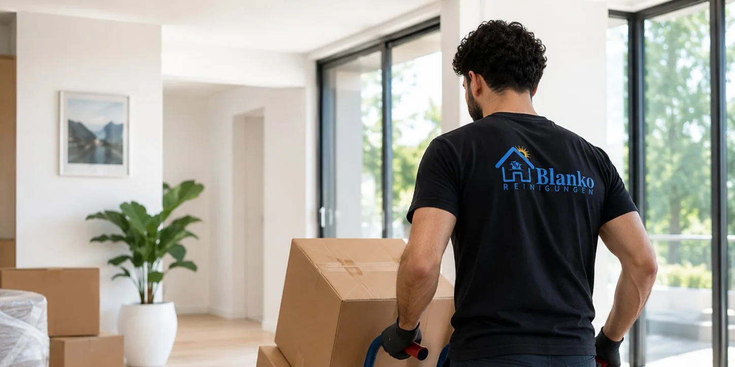 Mitarbeiter von Blanko Service mit Sackkarre voller Umzugskartons